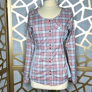 REI Women's Small Plaid Shirt Snap Front Stretch Side Panels Roll Tab Sleeves‎